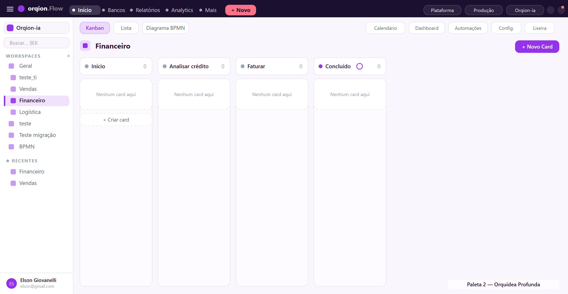 Interface real do orqion.Flow — kanban de processos com workspaces e aba Diagrama BPMN